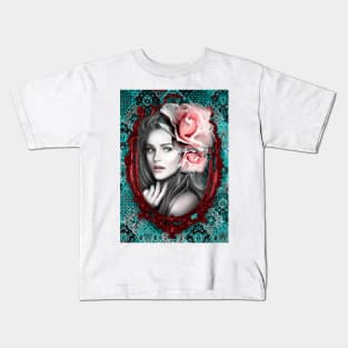 Green and Pinik roses Painting with Beautiful Girl, Vintage Art Digital Artwork Kids T-Shirt